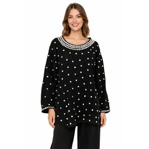 Laise Adzer Linen Black Silver Metal Studs Polka Dot Lagenlook Top Blouse OS